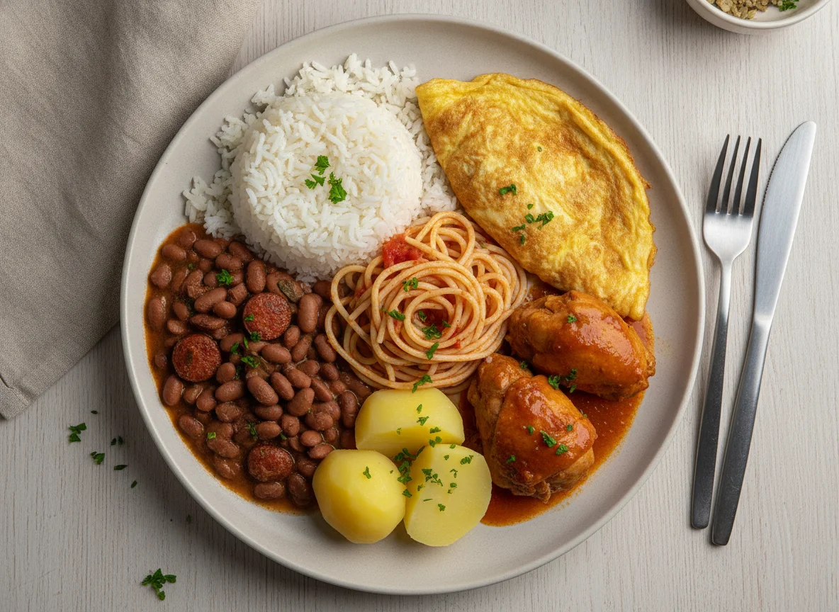Prato feito com arroz, feijão, macarrão, omelete e frango com batata photo