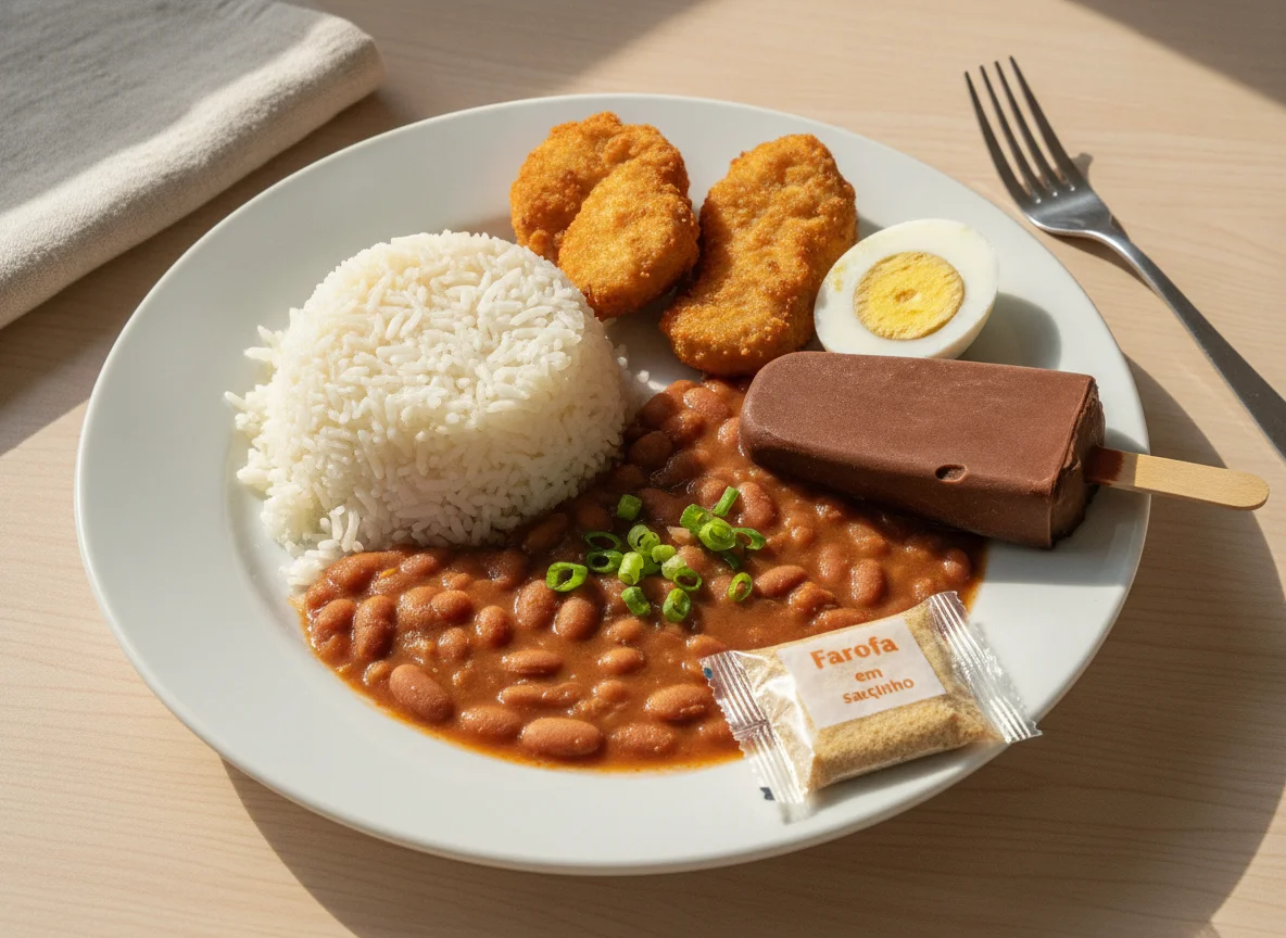 Prato feito com arroz, feijão, nuggets, ovos e picolé photo