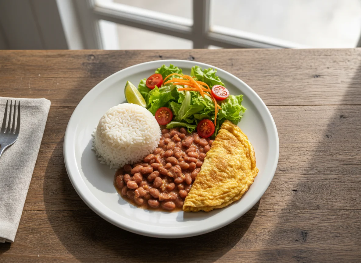Prato feito com arroz, feijão, omelete e salada photo