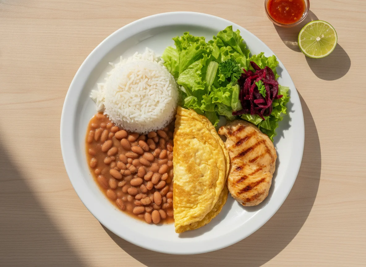 Prato feito com arroz, feijão, omelete, frango e salada photo