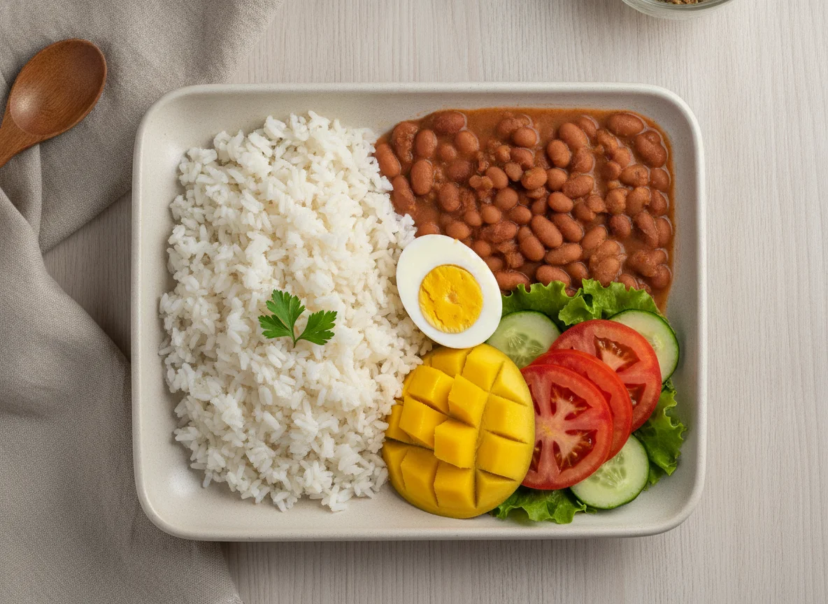 Prato feito com arroz, feijão, ovo cozido e salada photo