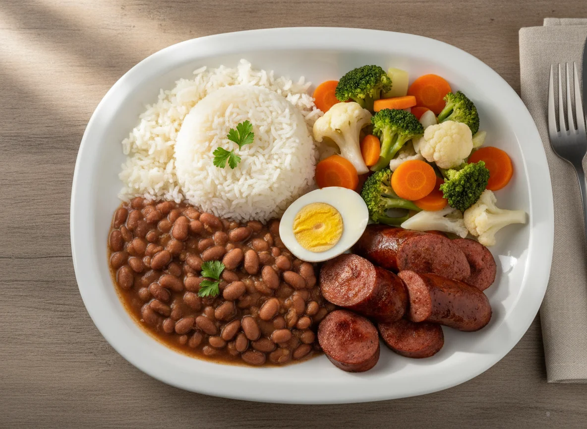 Prato feito com arroz, feijão, ovo cozido, linguiça e vegetais photo