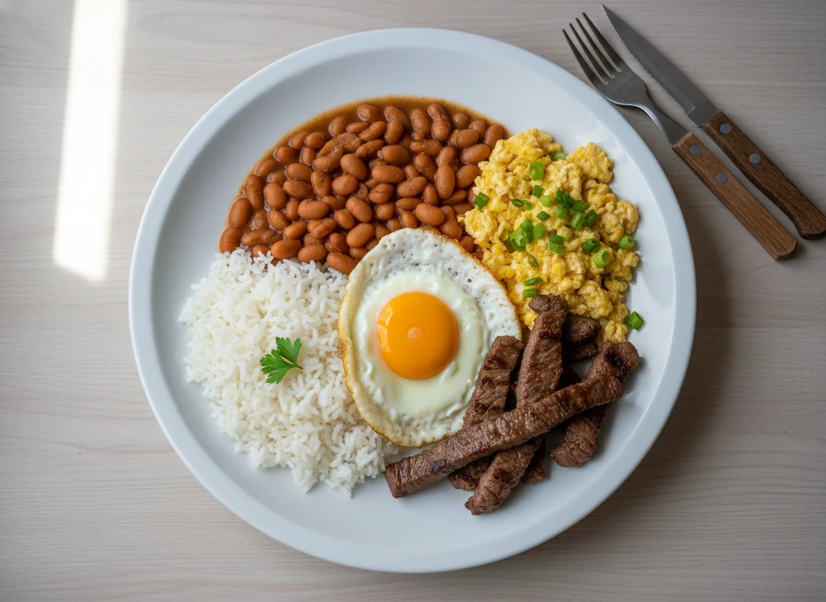 Prato Feito com Arroz, Feijão, Ovo e Carne photo