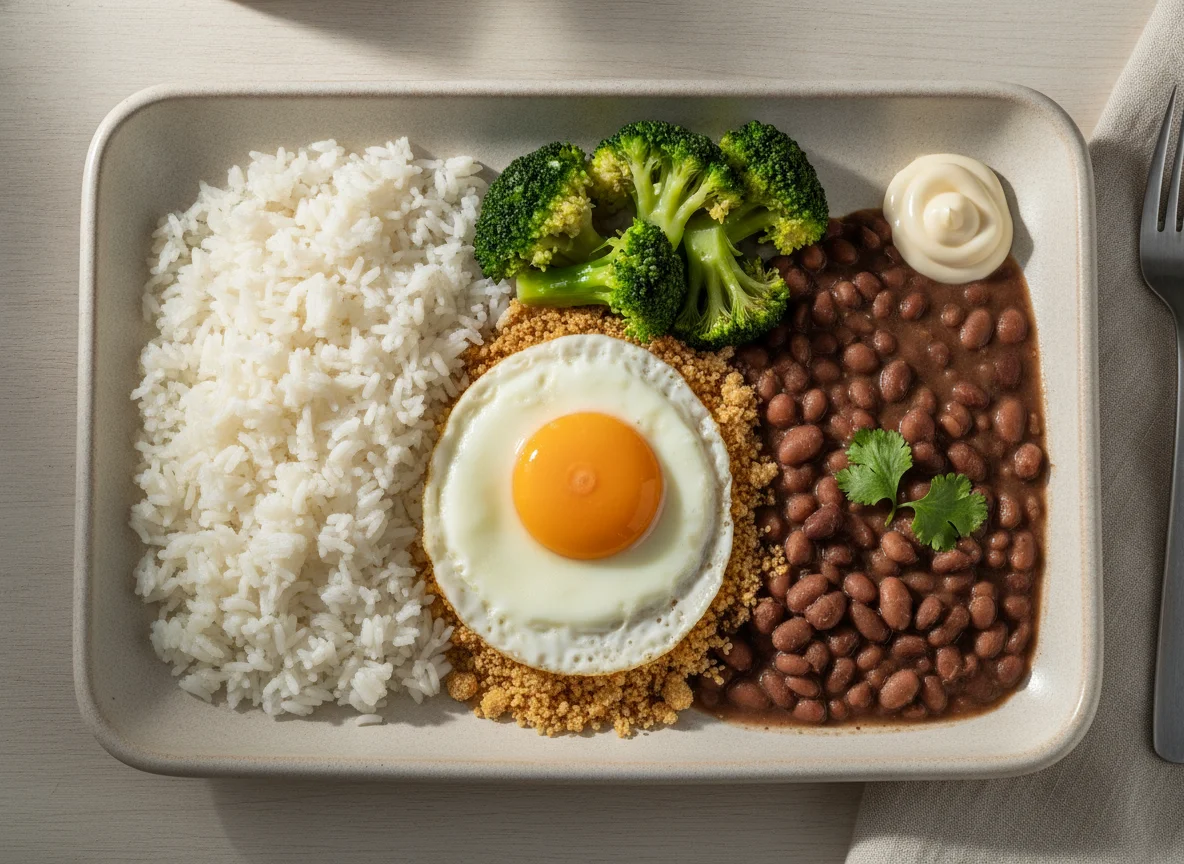 Prato feito com arroz, feijão, ovo frito, brócolis e farofa photo