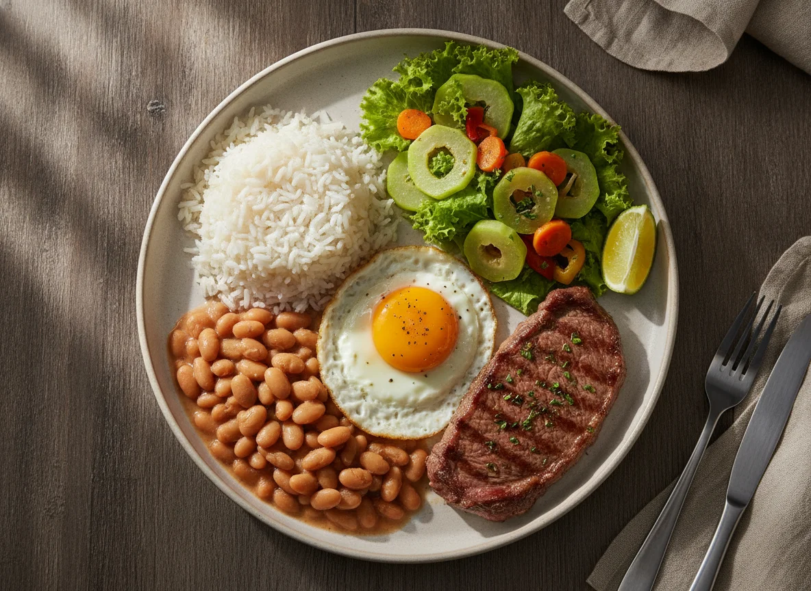 Prato feito com arroz, feijão, ovo frito, carne e salada photo