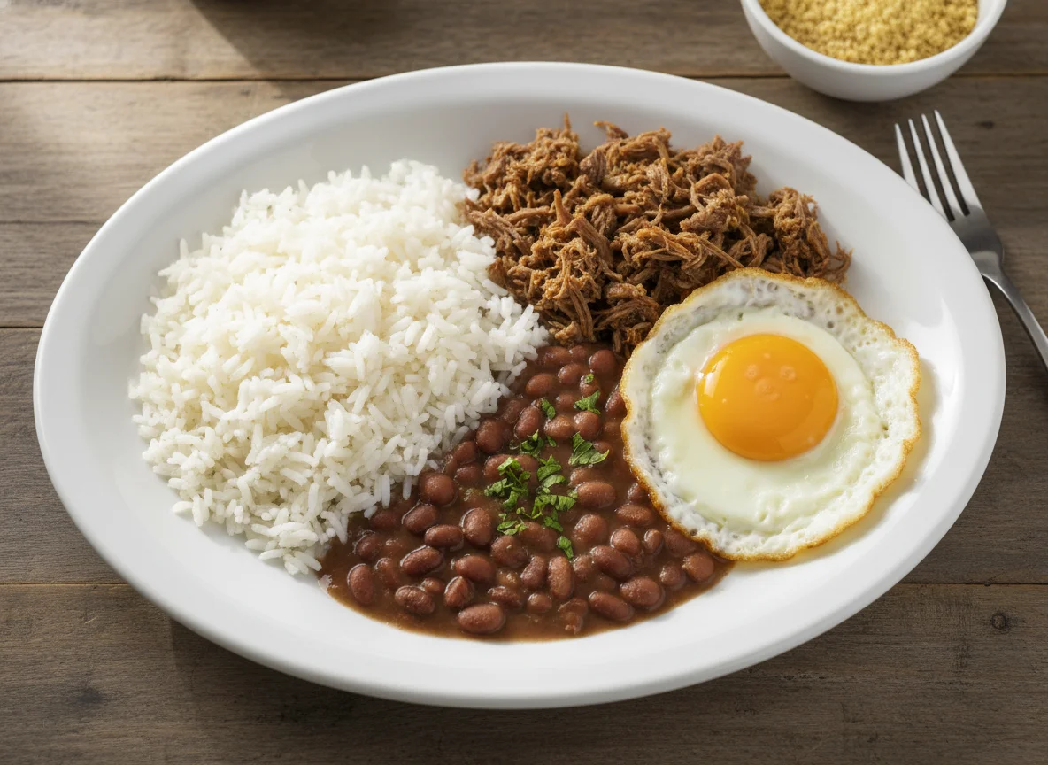 Prato feito com arroz, feijão, ovo frito e carne photo
