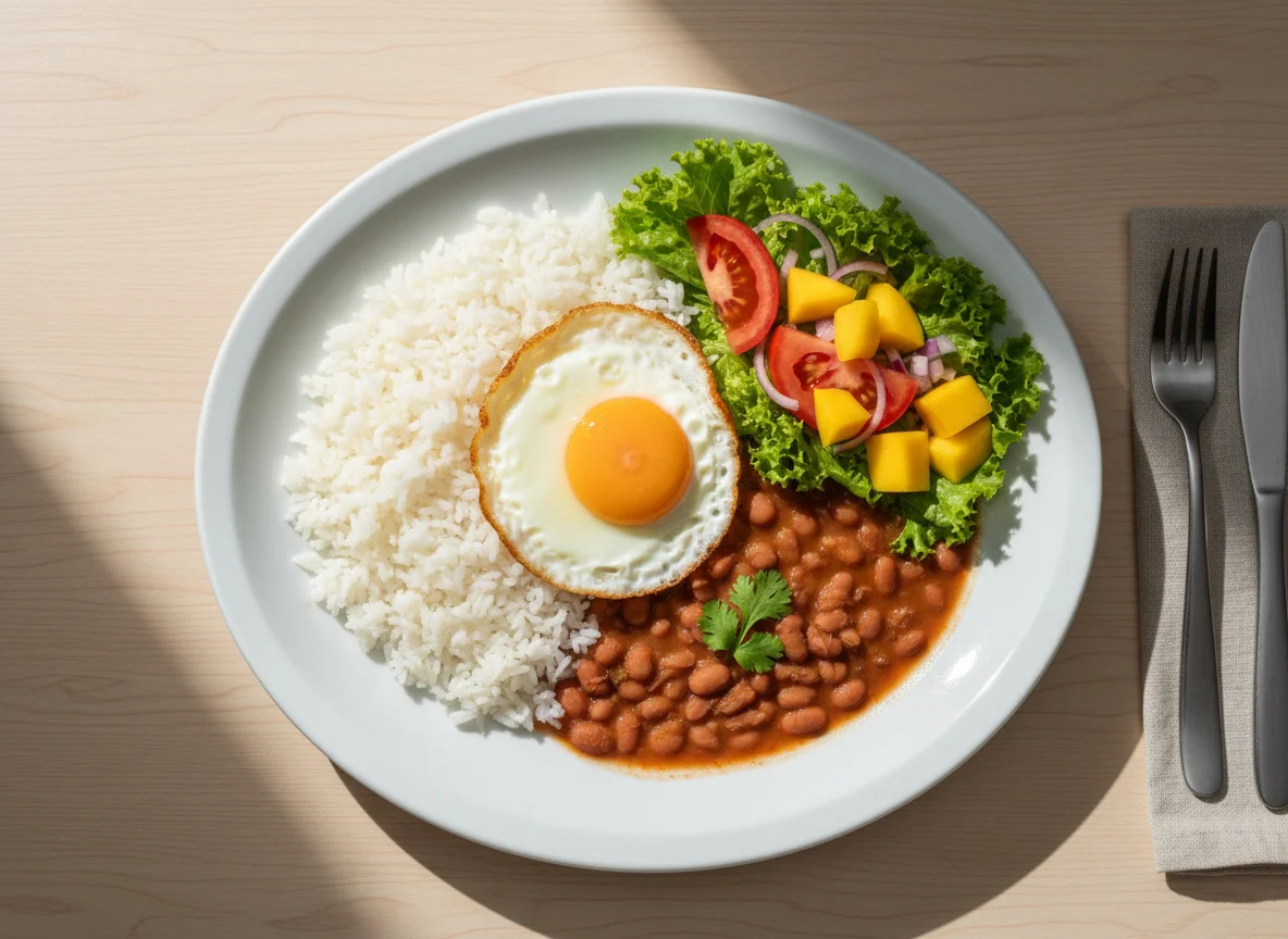 Prato feito com arroz, feijão, ovo frito e salada photo