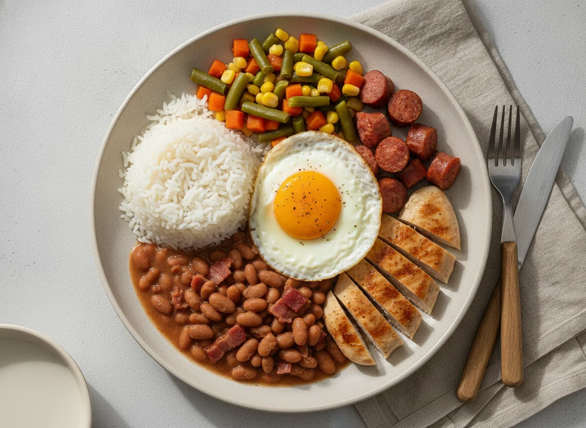 Prato feito com arroz, feijão, ovo frito, frango e salsicha com legumes photo