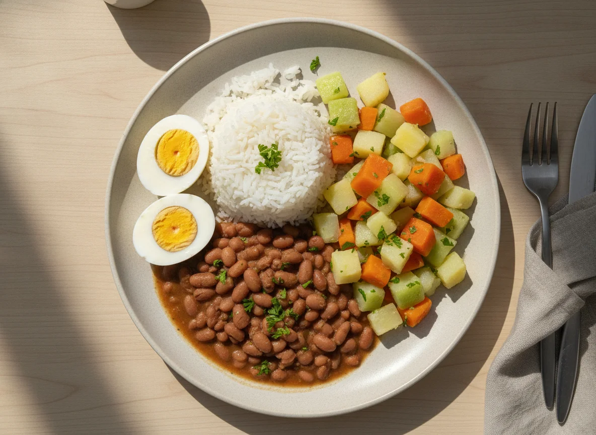 Prato feito com arroz, feijão, ovos cozidos e salada de legumes photo