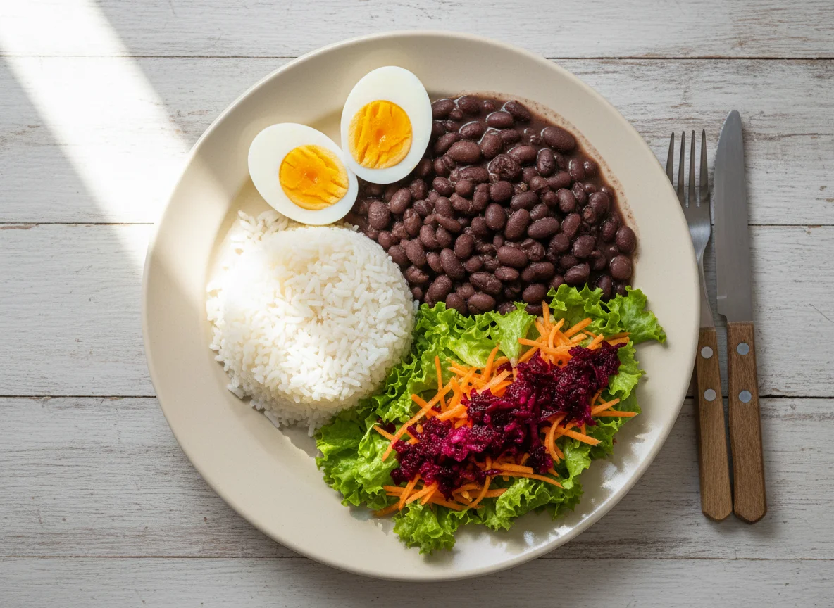 Prato feito com arroz, feijão, ovos cozidos e salada photo