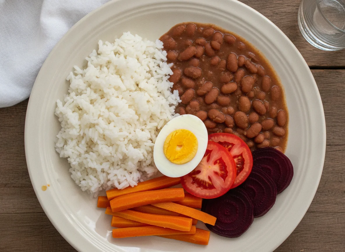 Prato feito com arroz, feijão, ovos e legumes photo