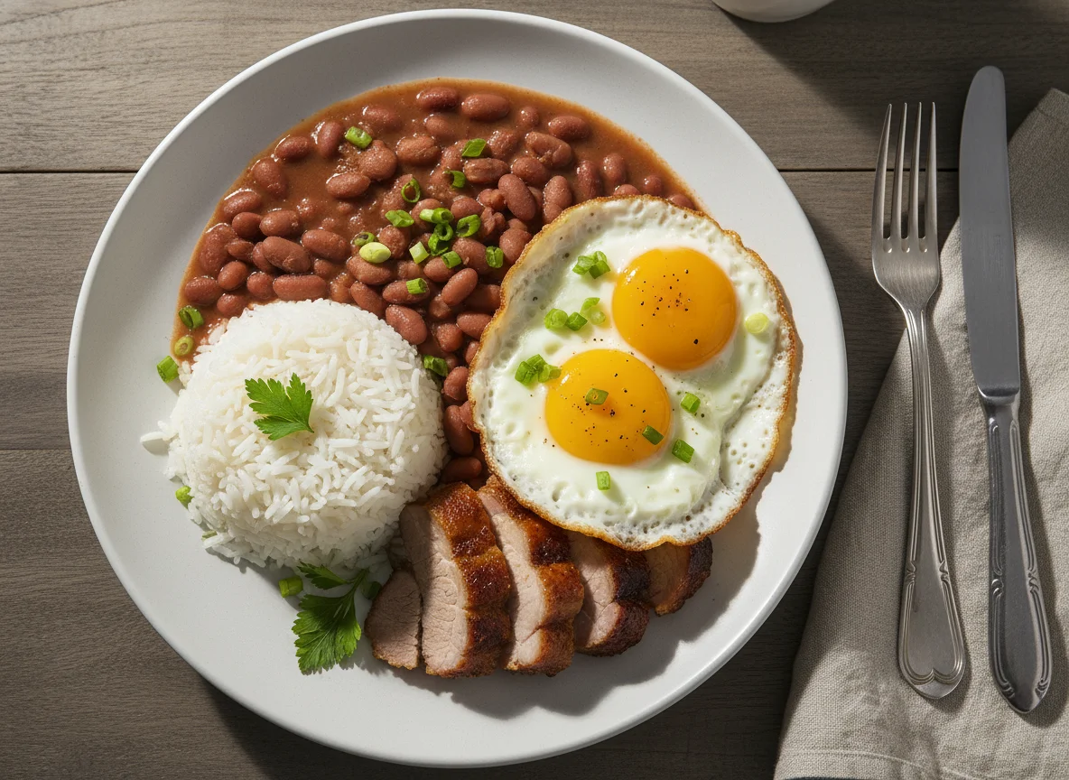 Prato feito com arroz, feijão, ovos fritos e carne photo