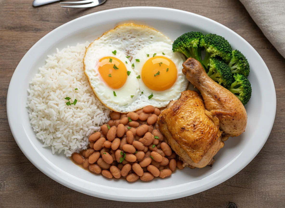 Prato feito com arroz, feijão, ovos fritos, frango e brócolis photo