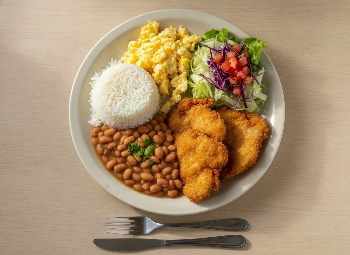 Prato feito com arroz, feijão, ovos mexidos, frango empanado e salada photo