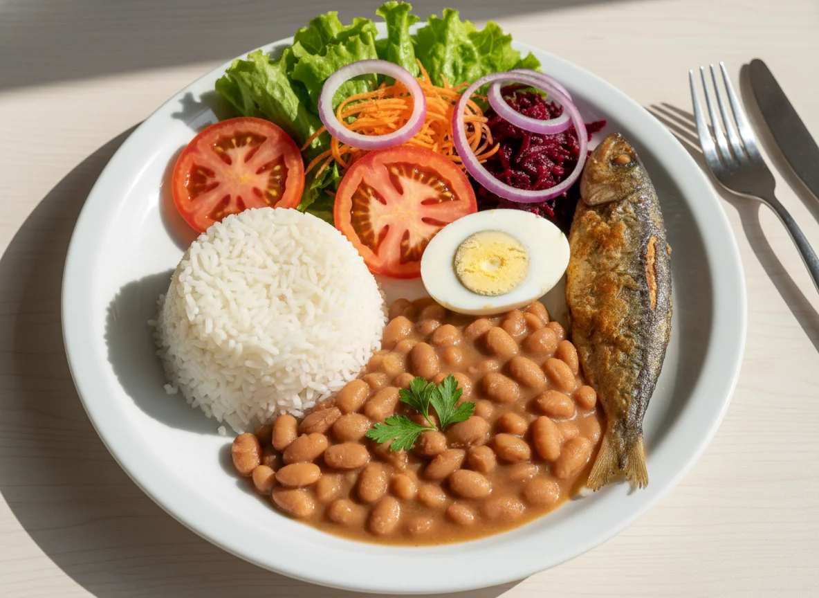 Prato feito com arroz, feijão, ovos, peixe e salada photo
