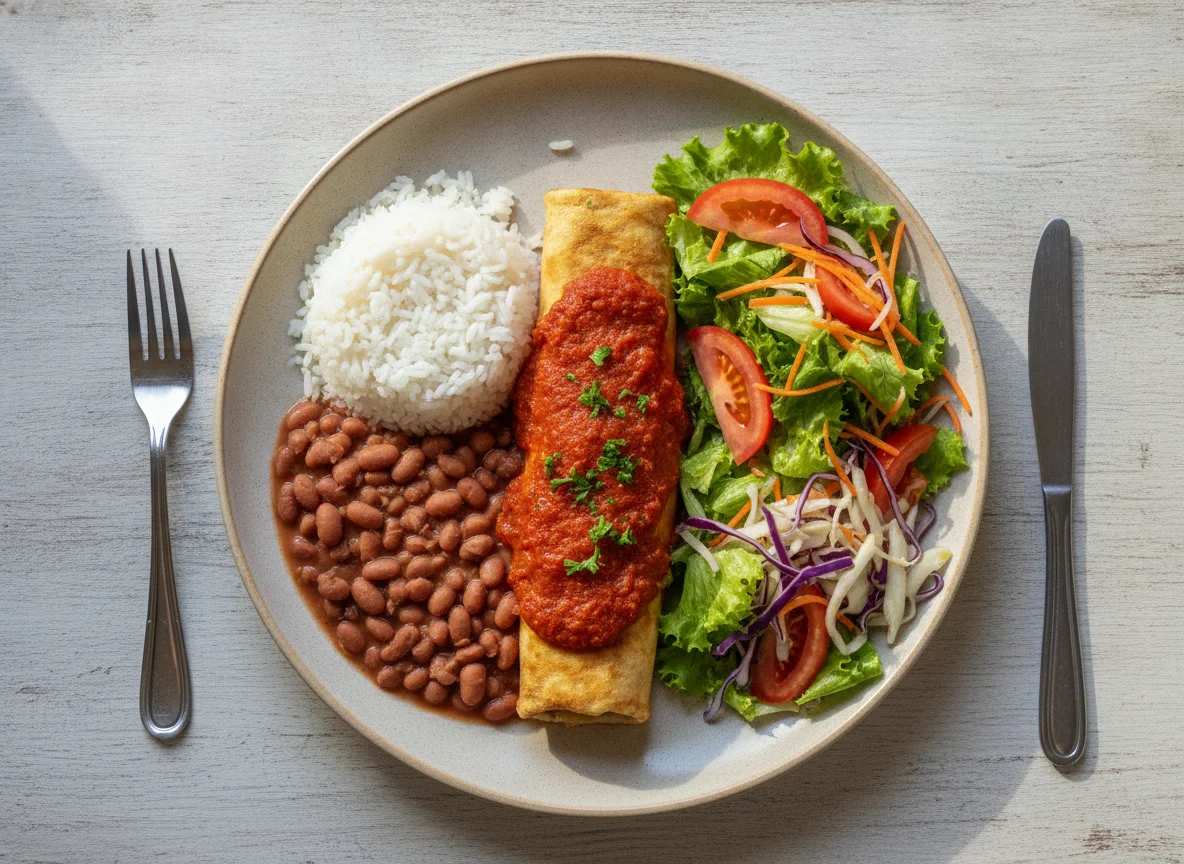 Prato feito com arroz, feijão, panqueca de carne e salada mista photo