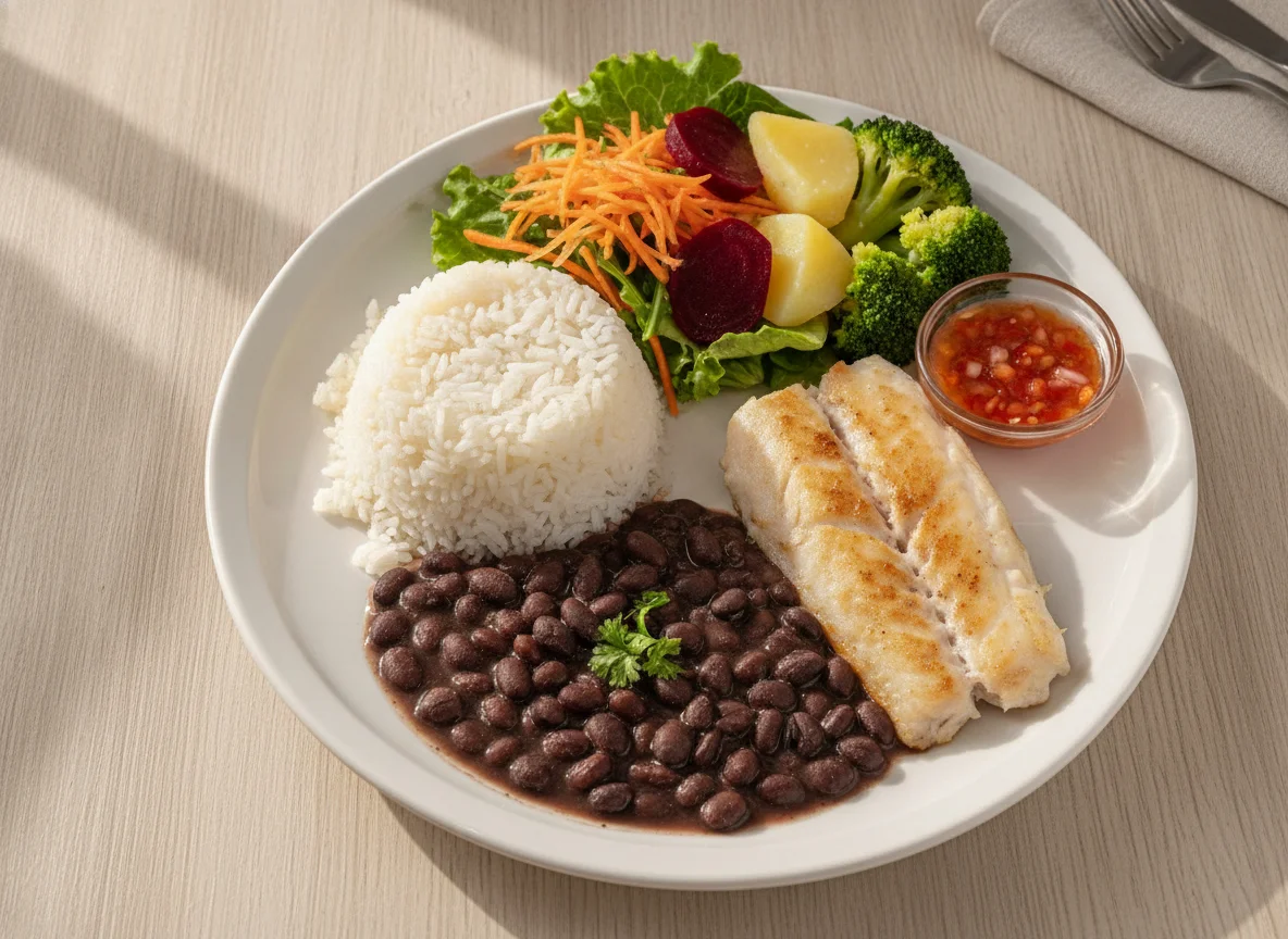 Prato feito com arroz, feijão, peixe e salada photo