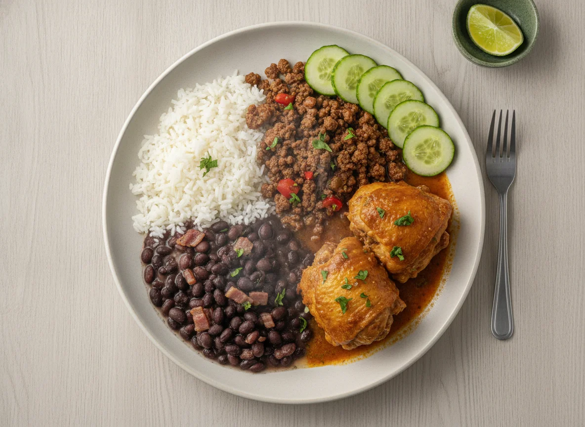 Prato feito com arroz, feijão preto, carne moída, frango ensopado e pepino photo
