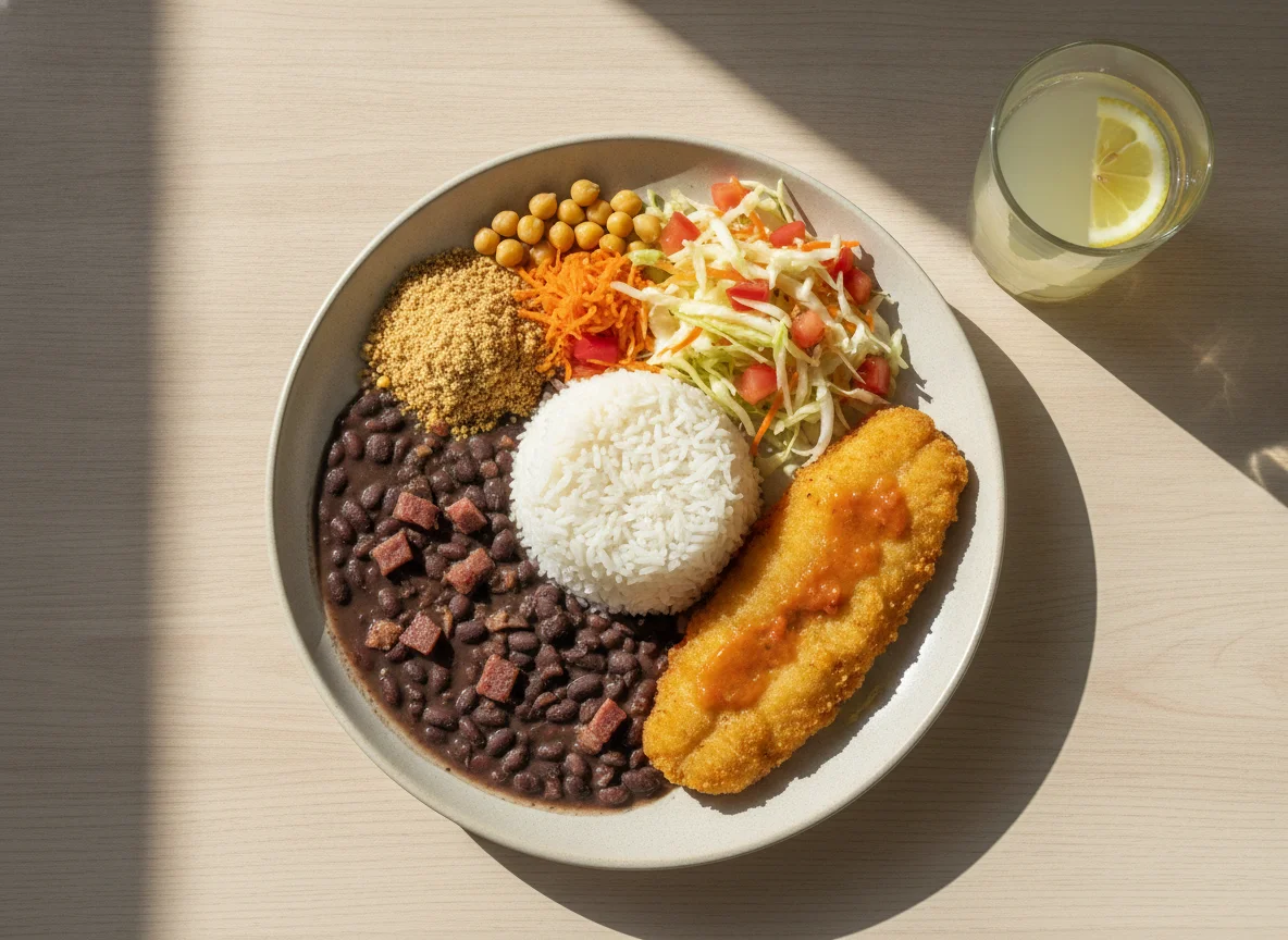 Prato Feito com Arroz, Feijão Preto, Filé de Peixe Empanado e Salada photo