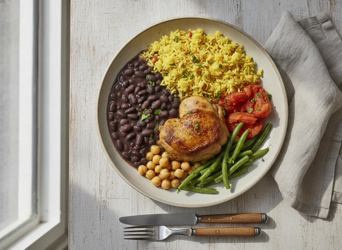 Prato feito com arroz, feijão preto, frango, grão-de-bico e legumes photo