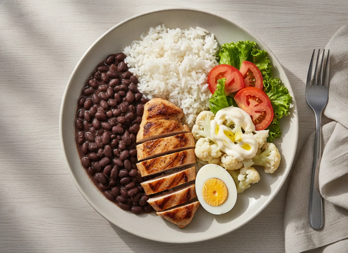 Prato feito com arroz, feijão preto, frango grelhado, ovo e salada de couve-flor photo
