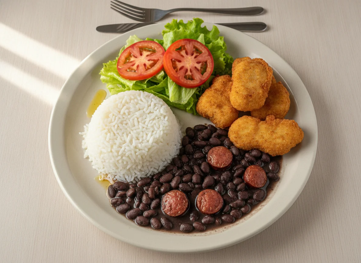 Prato feito com arroz, feijão preto, nuggets de frango e salada photo