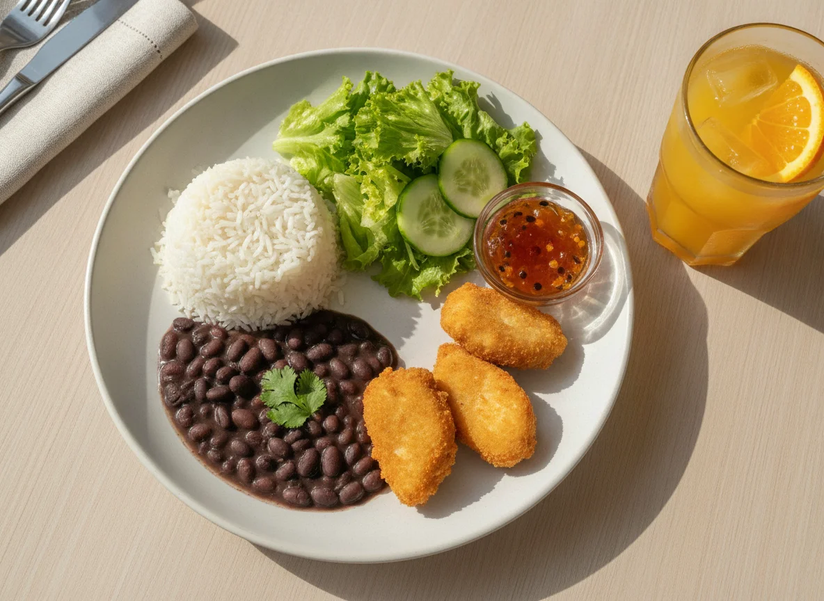 Prato feito com arroz, feijão preto, nuggets de frango, salada e suco de laranja photo