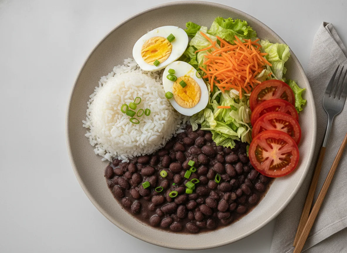 Prato feito com arroz, feijão preto, ovos cozidos e salada photo
