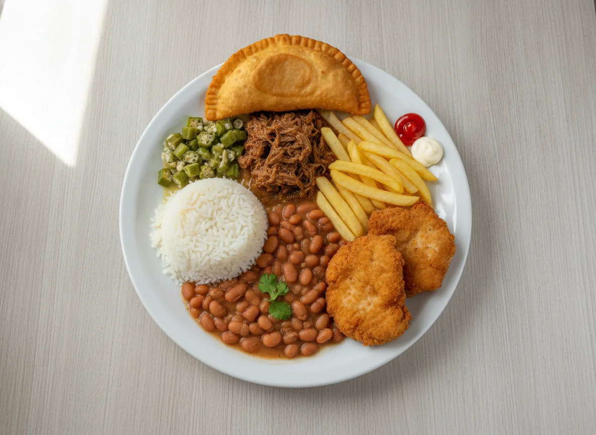 Prato feito com arroz, feijão, quiabo, batata frita, frango empanado e pastel photo