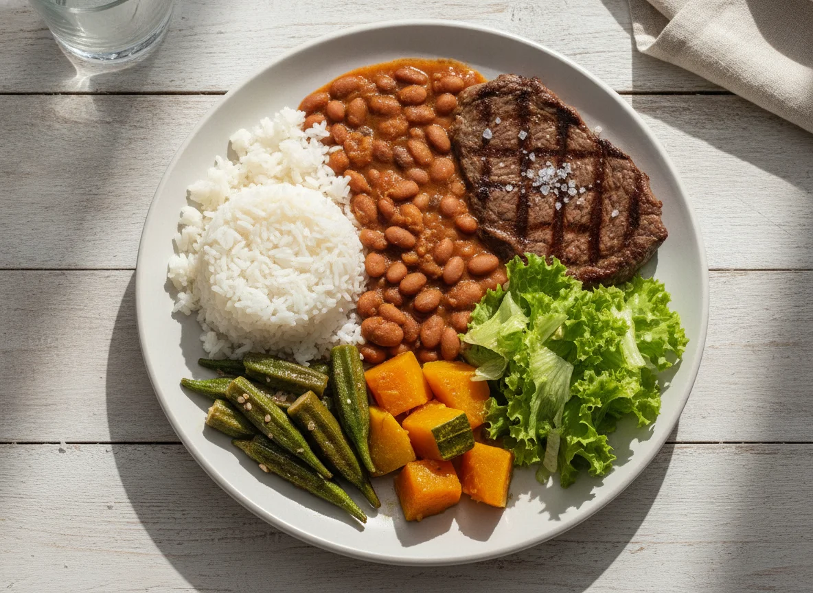 Prato feito com arroz, feijão, quiabo e salada photo