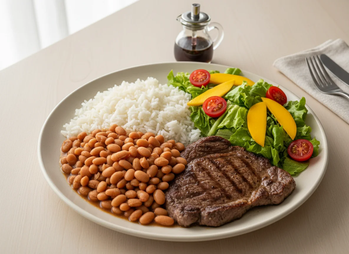 Prato feito com arroz, feijão, salada e carne photo