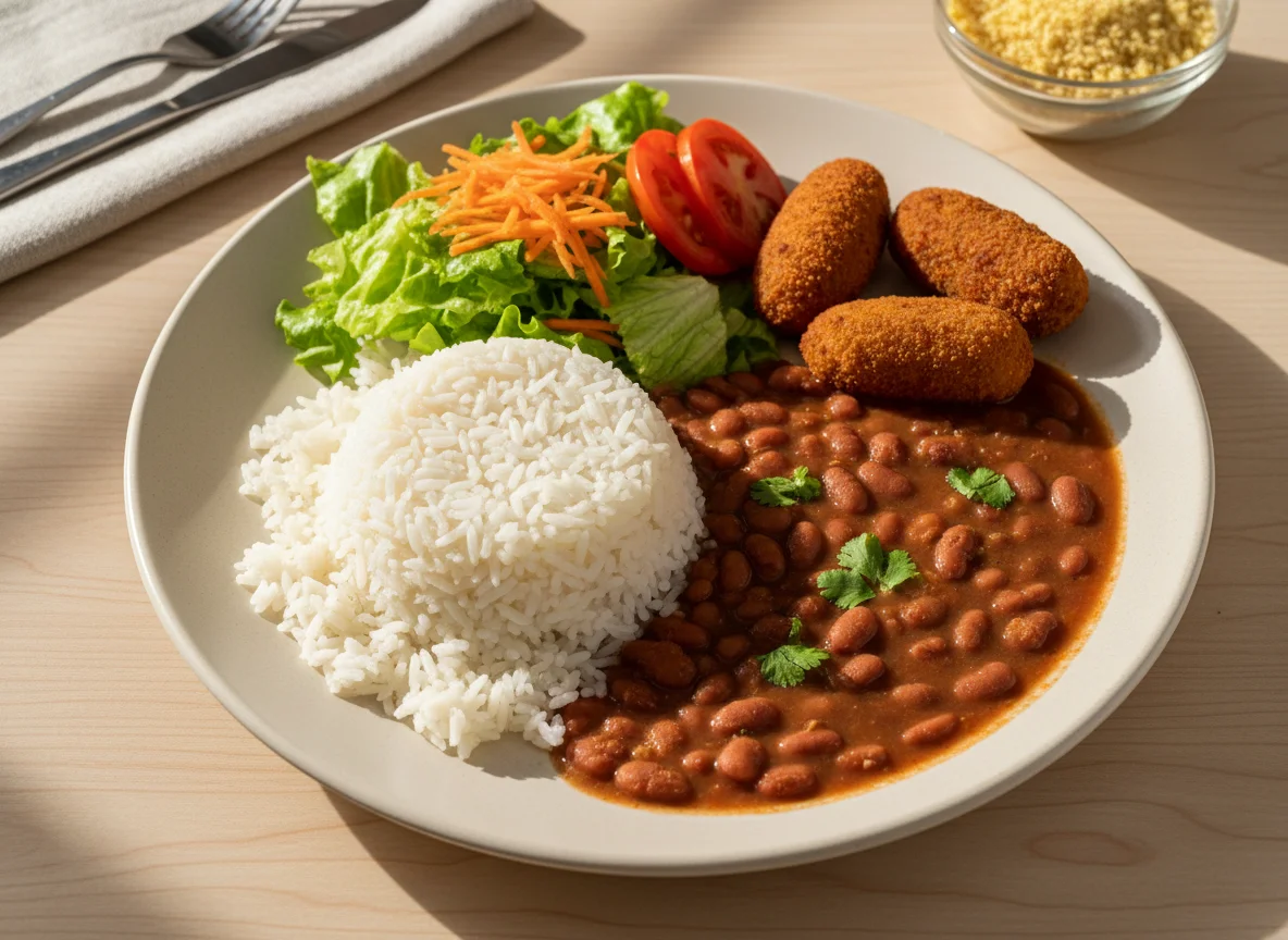 Prato feito com arroz, feijão, salada e croquete photo