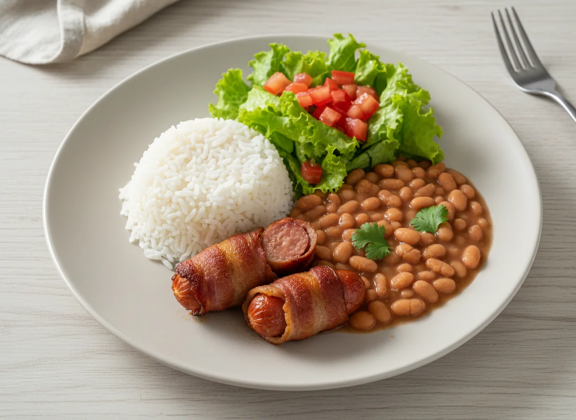Prato feito com arroz, feijão, salada e enrolado de bacon photo