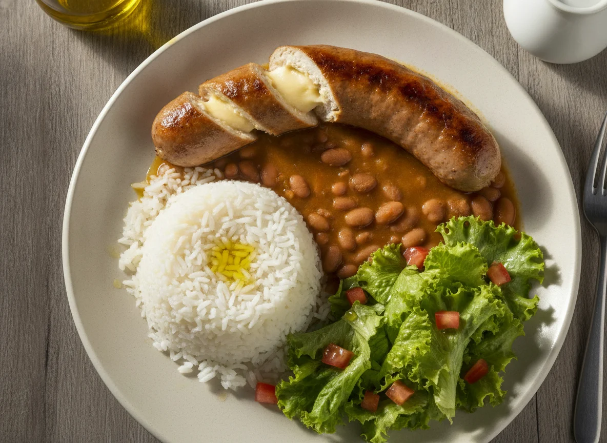 Prato feito com arroz, feijão, salada e linguiça recheada photo