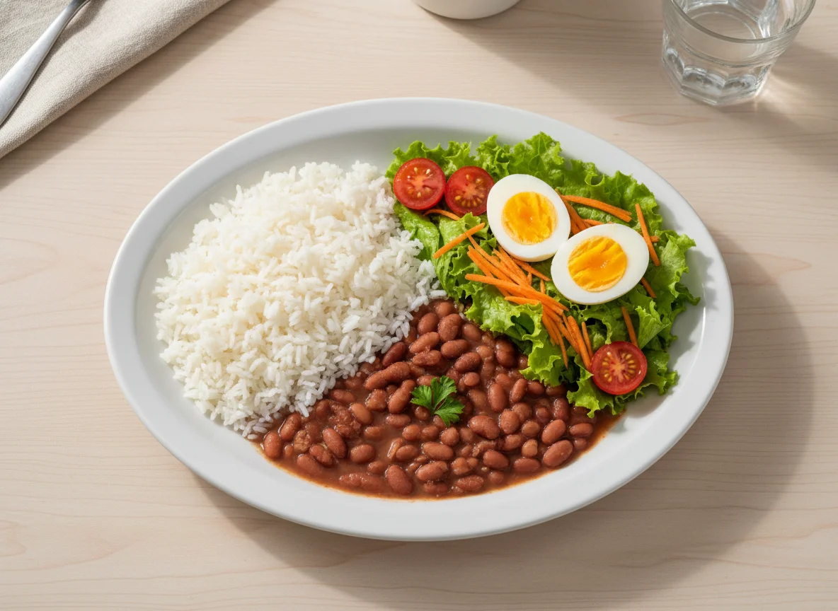 Prato feito com arroz, feijão, salada e ovos cozidos photo