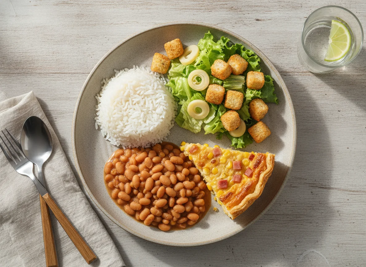 Prato feito com arroz, feijão, salada, frango e torta salgada photo