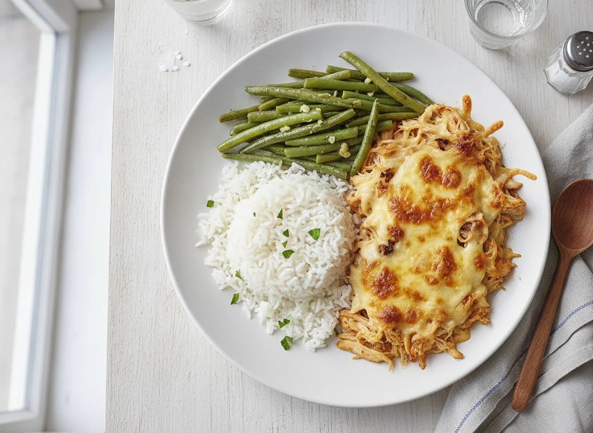Prato feito com arroz, feijão verde e frango gratinado photo