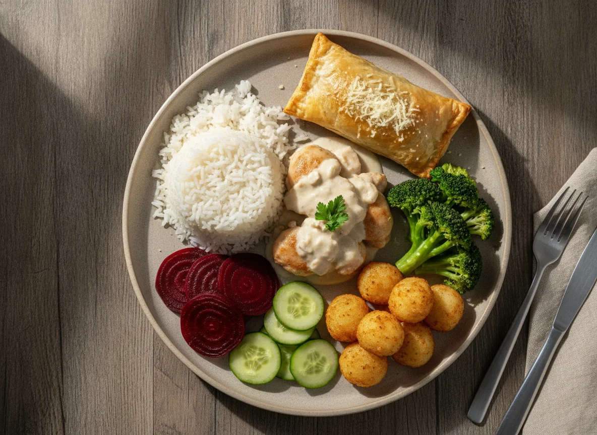 Prato feito com arroz, frango ao molho branco, beterraba, pepino e brócolis photo