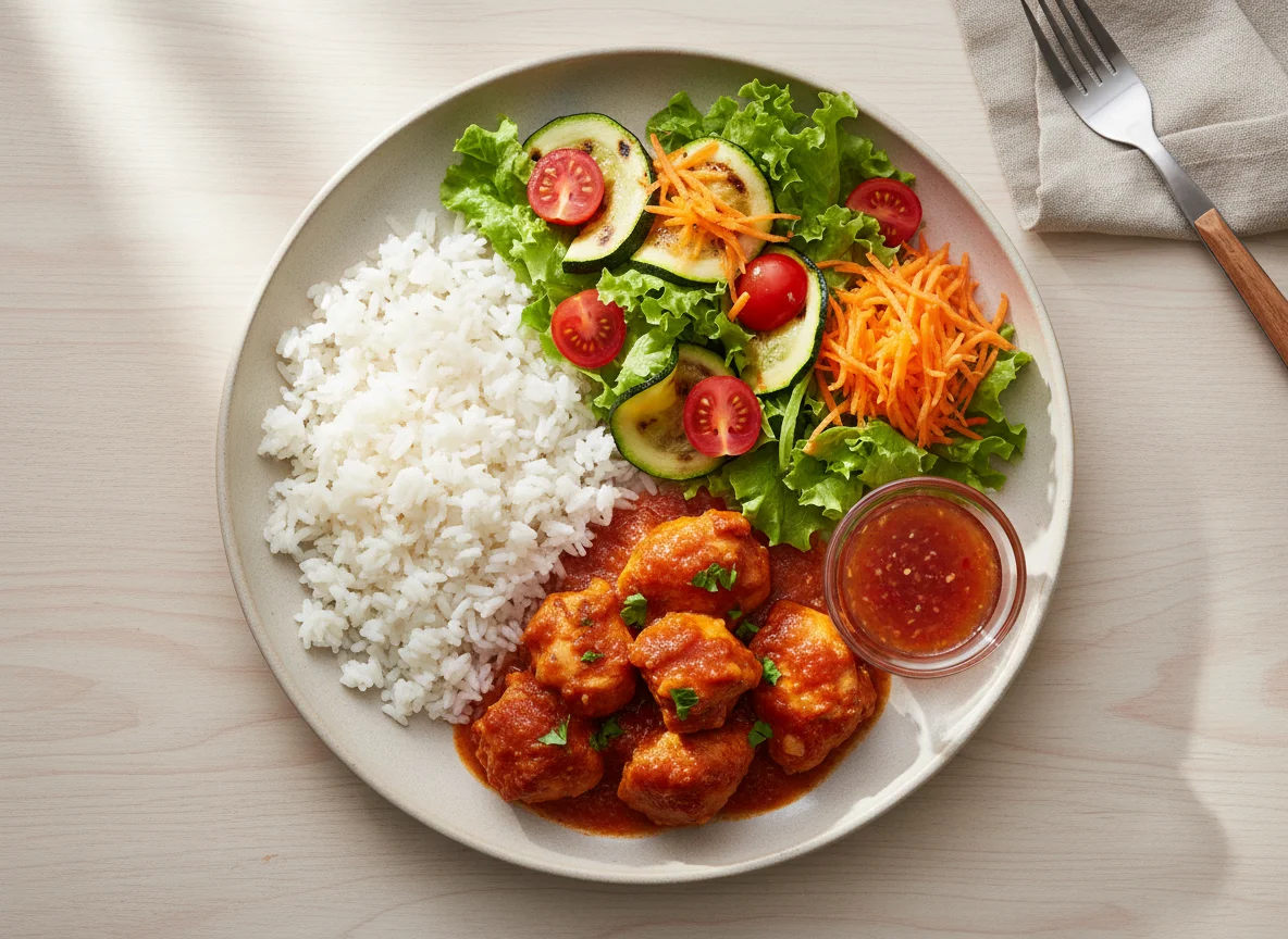 Prato feito com arroz, frango ao molho e salada mista photo