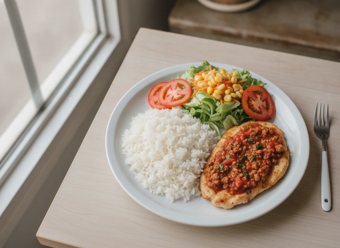 Prato feito com arroz, frango ao molho e salada photo