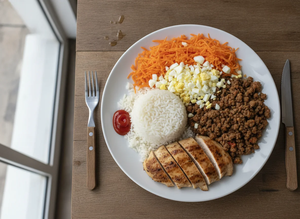Prato feito com arroz, frango, carne moída, ovo e cenoura photo