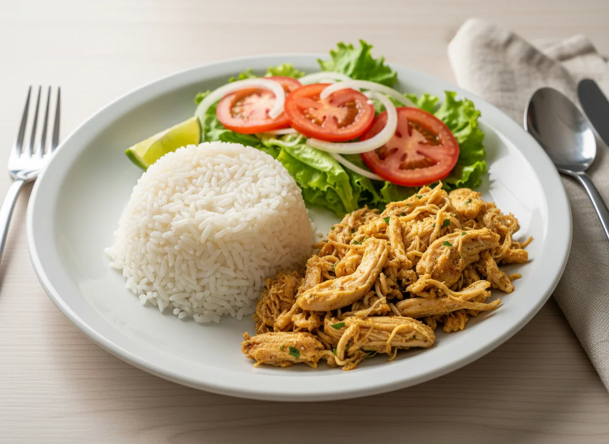 Prato feito com arroz, frango desfiado e salada photo