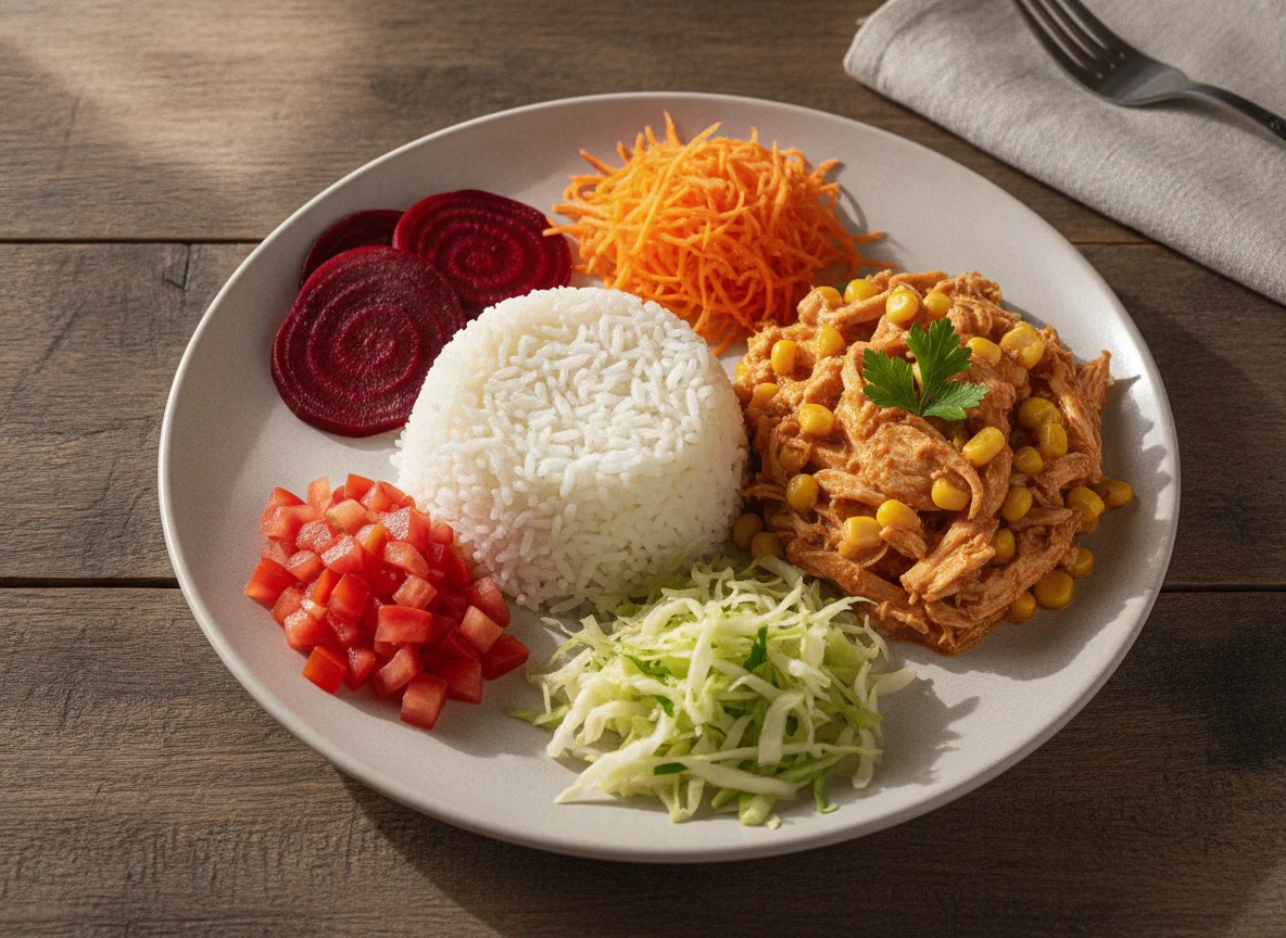 Prato feito com arroz, frango desfiado e saladas photo