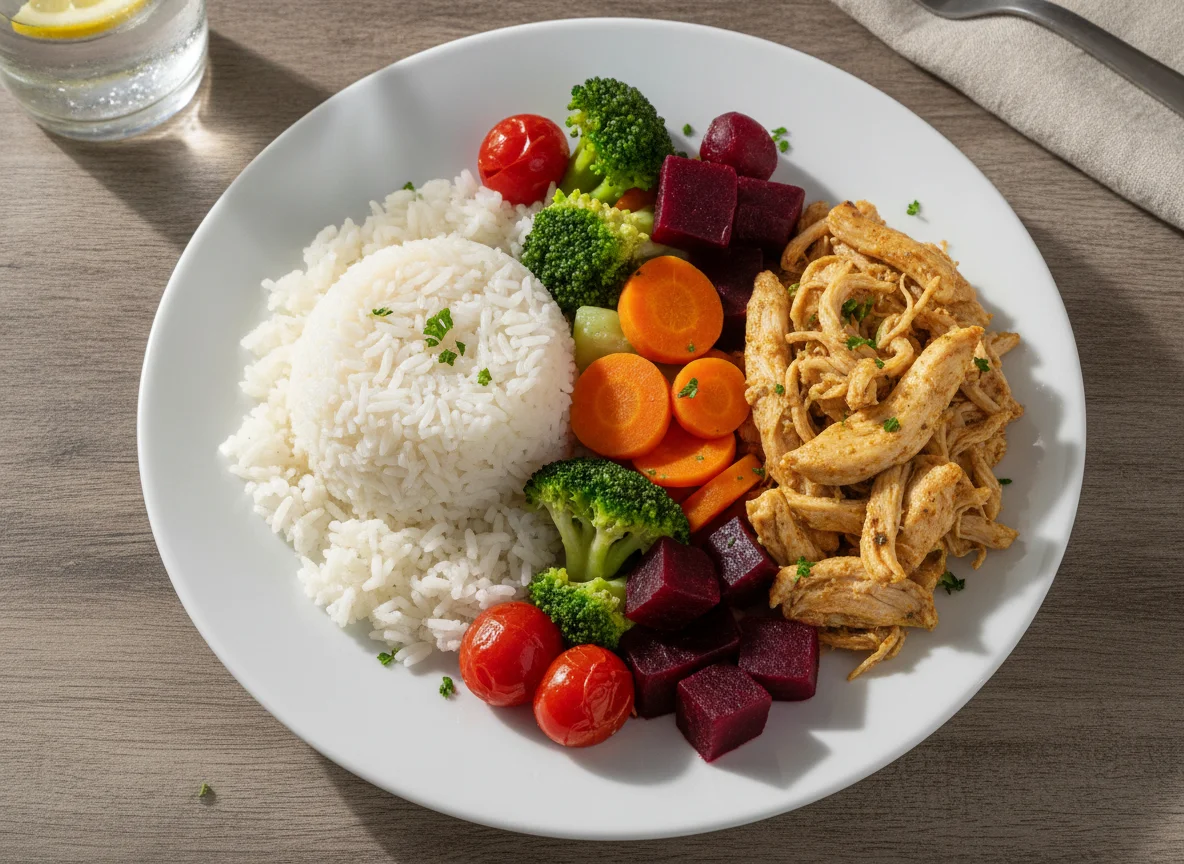 Prato feito com arroz, frango desfiado e vegetais photo