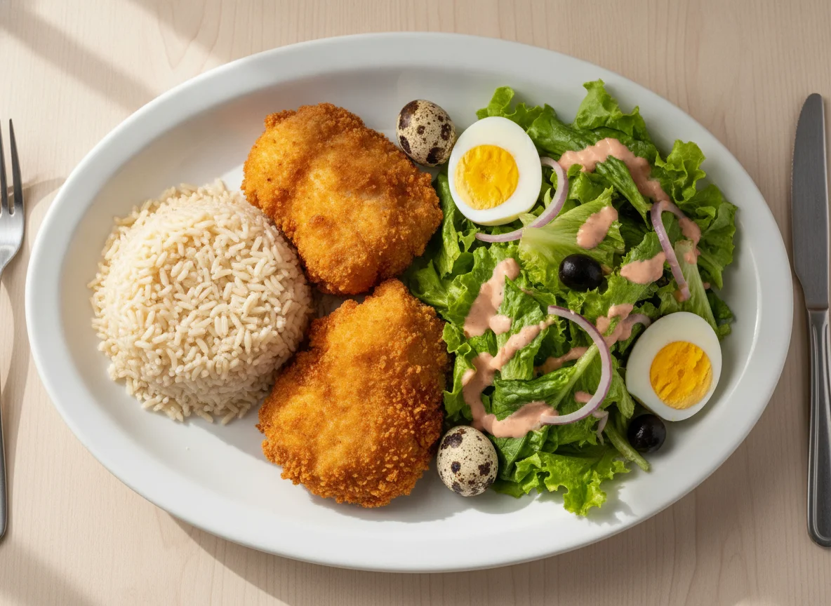 Prato feito com arroz, frango empanado, salada e ovos photo