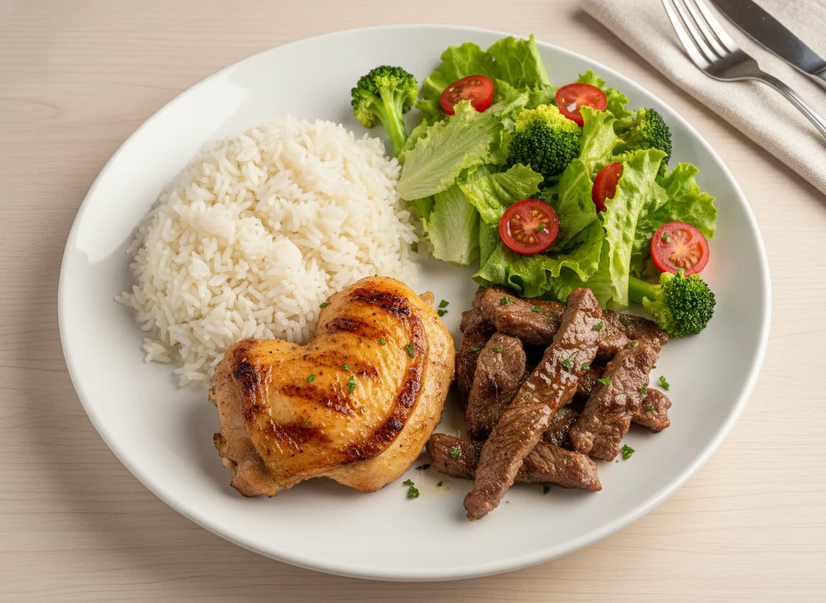 Prato feito com arroz, frango grelhado, carne bovina e salada photo