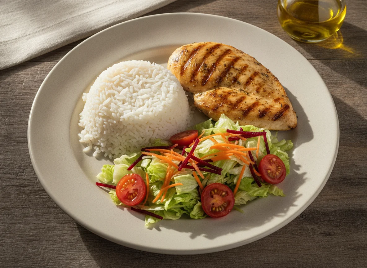 Prato feito com arroz, frango grelhado e salada mista photo