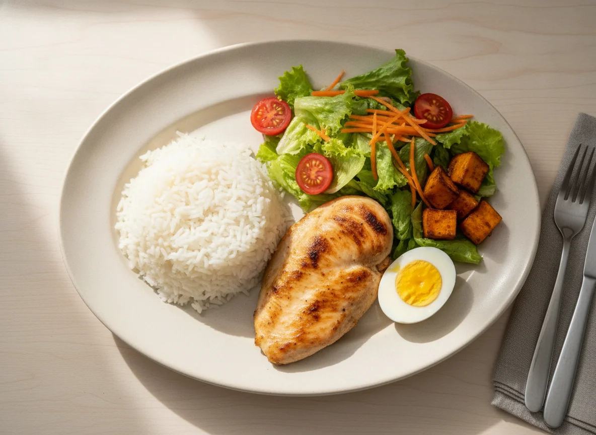 Prato feito com arroz, frango grelhado, ovo cozido e salada photo