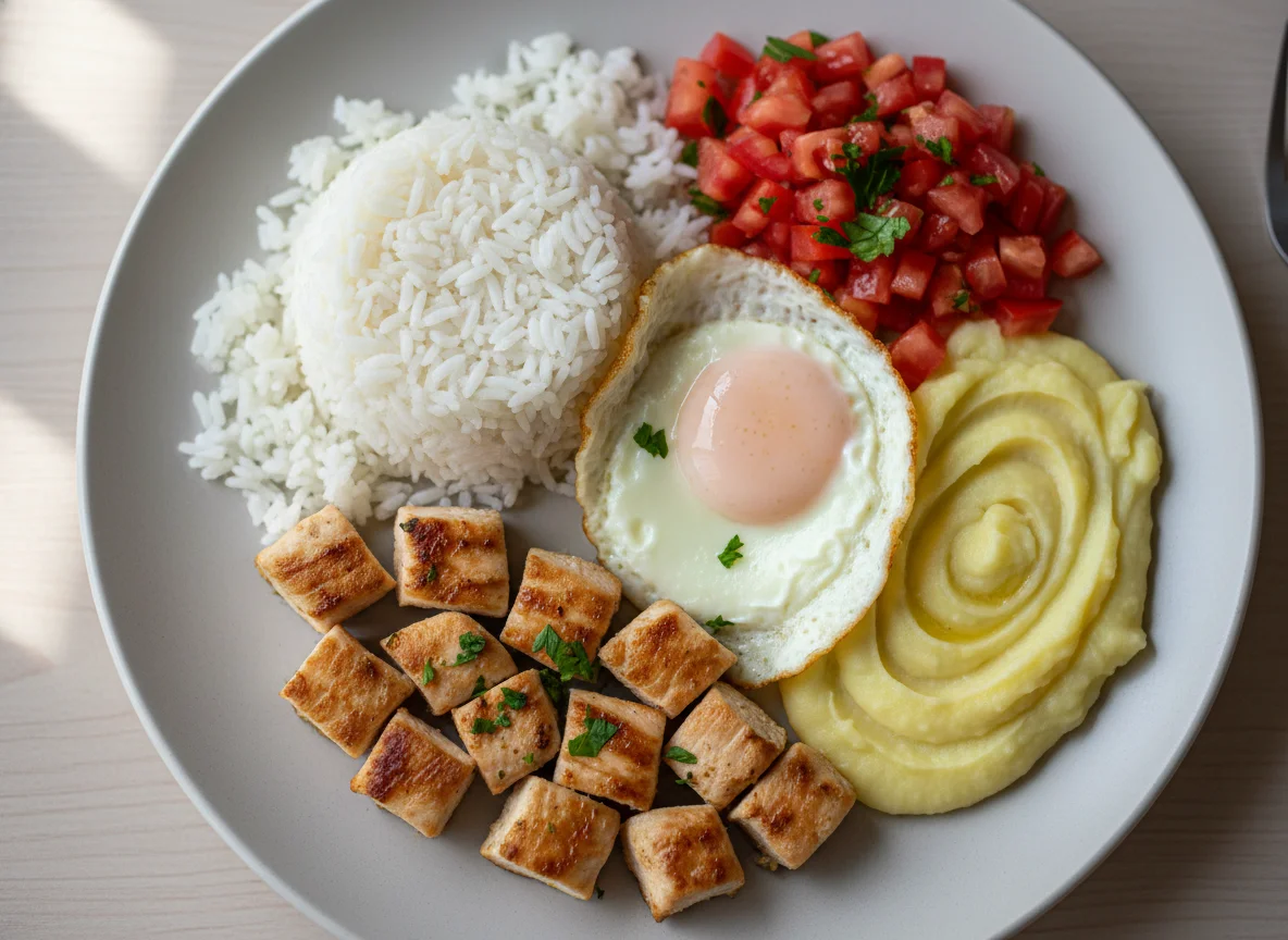 Prato feito com arroz, frango, ovo, purê de batata e salada de tomate photo