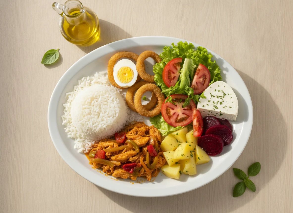 Prato feito com arroz, frango, ovo, queijo e salada photo